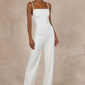 Lulus Unbelievably Divine White Mesh Pearl Lace-up Jumpsuit - Size S